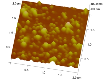 Fig.4  シラン化基板に吸着させたアニオン性リポソームの立体表示AFM像
（Tris-NaCl/EDTAバッファー中、走査範囲：2×2μm2 ）